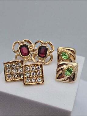3 Pair Vintage Style Stud Earrings Filigree Garnet Crystal Pavé Green Stone New